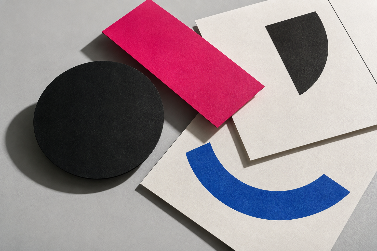 A composition study made from black, magenta and cobalt paper shapes, with layered geometric prints and crisp shadows.